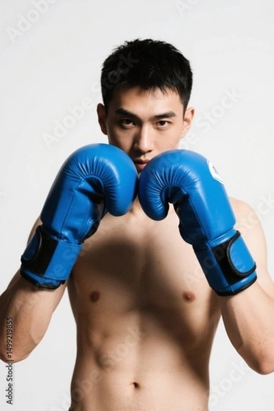 Obraz arafed man in blue boxing gloves posing for a picture