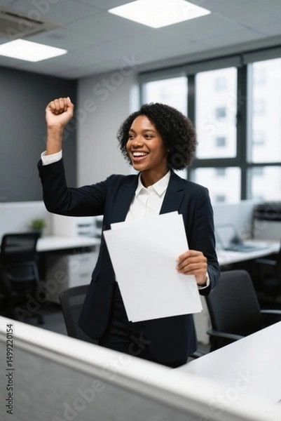 Obraz smiling woman in business attire holding up a piece of paper