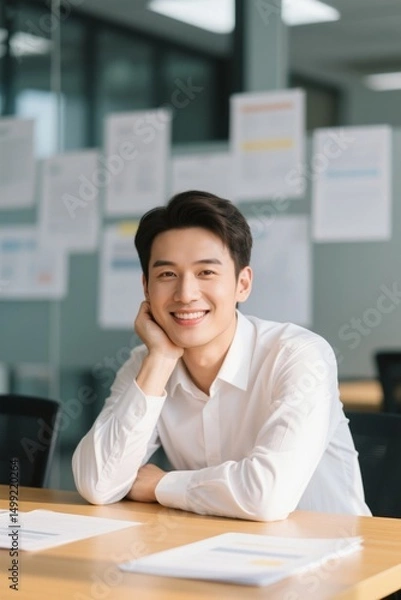 Fototapeta smiling man sitting at a table with papers and papers on it