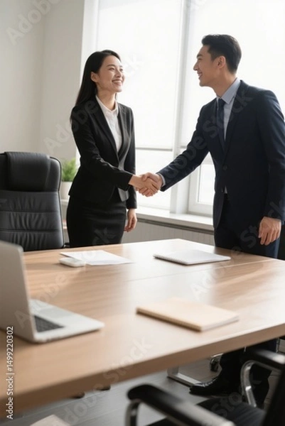 Obraz there are two people shaking hands in an office setting