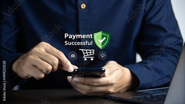 Fototapeta Successful payment confirmation in online digital banking. A person holds smartphone displaying Payment Successful message, with icons representing online transactions, financial technology, fintech