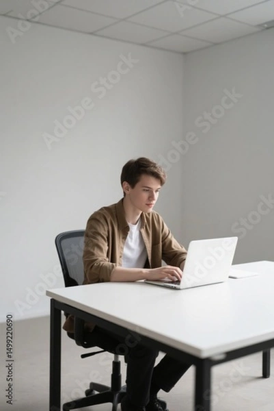 Obraz there is a man sitting at a table with a laptop