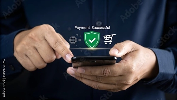 Fototapeta Successful payment confirmation in online digital banking. A person holds smartphone displaying Payment Successful message, with icons representing online transactions, financial technology, fintech