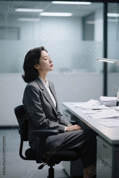Obraz woman sitting at a desk with her eyes closed and her head resting on her desk