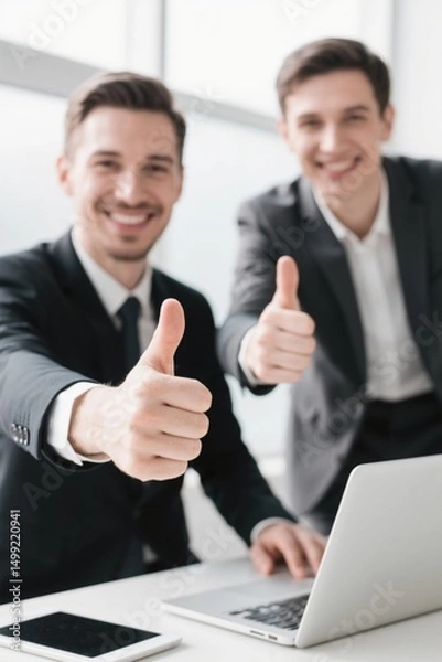 Obraz two men in suits giving thumbs up in front of a laptop