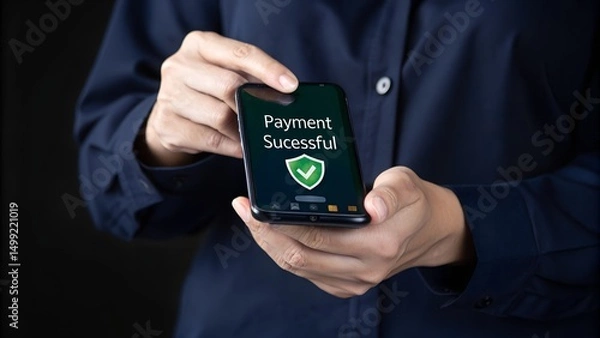 Fototapeta Successful payment confirmation in online digital banking. A person holds smartphone displaying Payment Successful message, with icons representing online transactions, financial technology, fintech