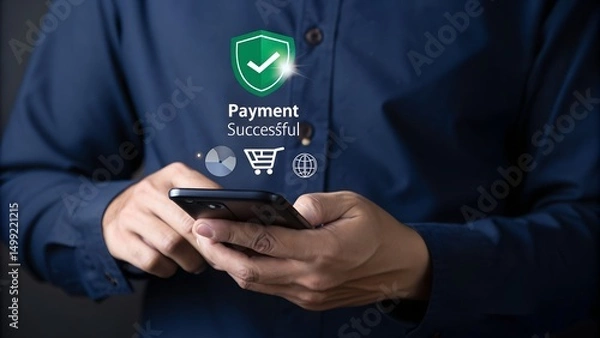 Fototapeta Successful payment confirmation in online digital banking. A person holds smartphone displaying Payment Successful message, with icons representing online transactions, financial technology, fintech