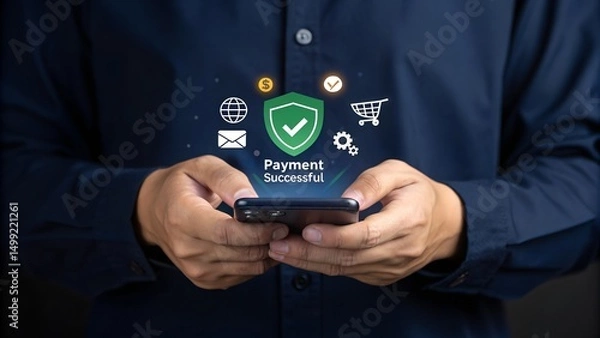Obraz Successful payment confirmation in online digital banking. A person holds smartphone displaying Payment Successful message, with icons representing online transactions, financial technology, fintech