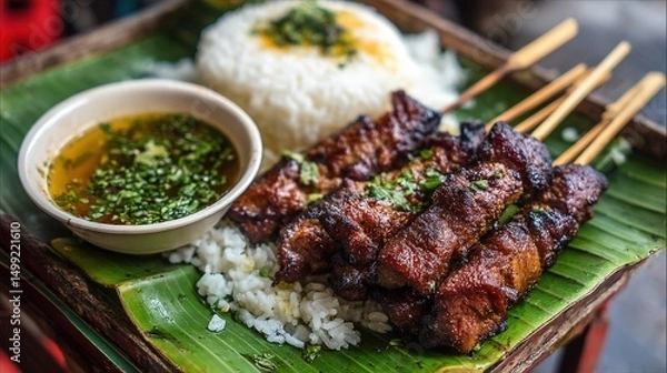 Fototapeta Delicious Grilled Meat Skewers Served with Rice and Aromatic Sauce on Banana Leaf