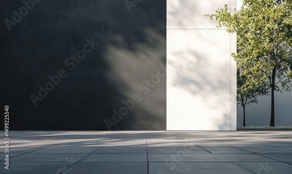 Obraz Sun-dappled modern wall, black and white, with two leafy trees casting shadows on a paved ground