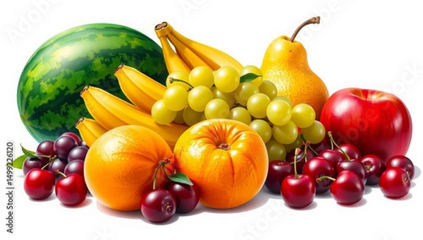Fototapeta A vivid assortment of fresh fruits including bananas, grapes, watermelon, peaches, apples, cherries, and pears arranged together on a white background.