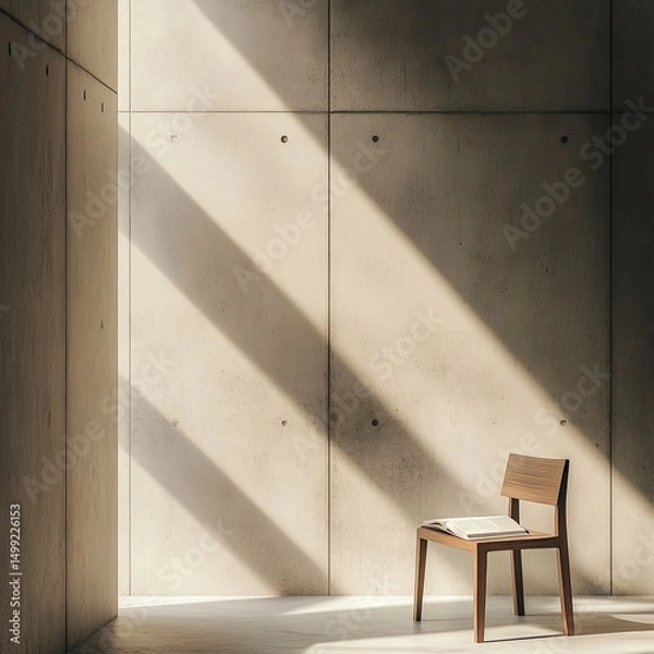 Obraz Sunlight streams into a minimalist room, illuminating a solitary wooden chair and a book resting on its seat against a textured concrete wall