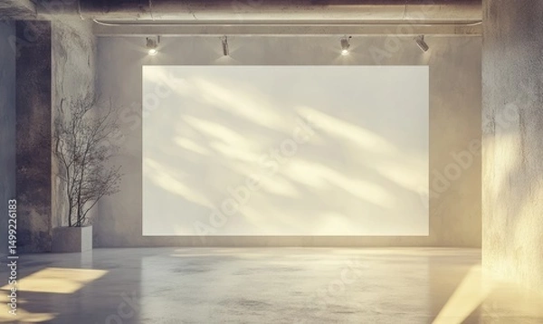 Obraz Sunlit blank canvas on a large, industrial-style grey concrete wall in a minimalist room, featuring exposed pipes and dappled sunlight