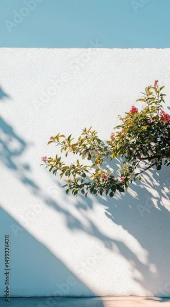 Obraz Sunlit blossoms cast shadows on a stark white wall, creating a minimalist yet vibrant contrast against a clear blue sky