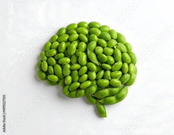 Fototapeta Green soybeans artfully arranged in the shape of a brain against a white background representing intellect and food