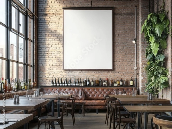 Obraz Sunlit industrial-chic restaurant interior with a large blank poster on a brick wall, leather banquette, wooden tables and chairs, and a vertical garden