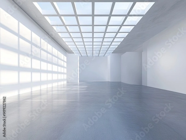 Obraz Sunlit minimalist interior with a gridded skylight, smooth concrete floor, and white walls casting rectangular shadows