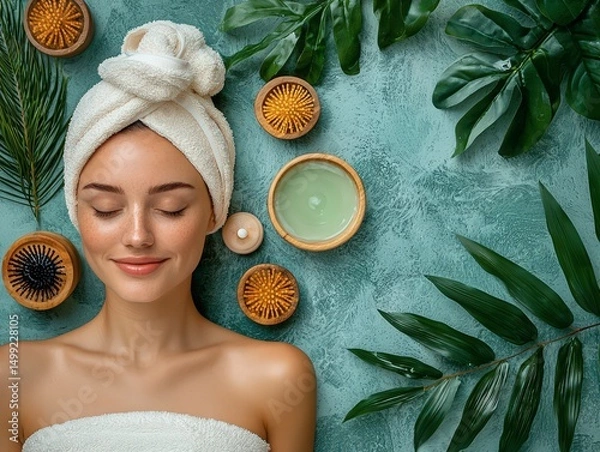 Obraz Woman in a spa treatment lying back with a calming essential oil diffuser