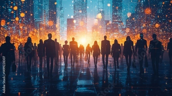 Obraz Group of multinational people and technology transformation in futuristic technology landscape at twiligh
