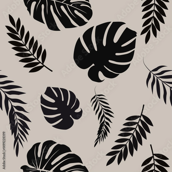 Obraz Seamless pattern with black tropical leaves on a beige background. Elegant botanical design.