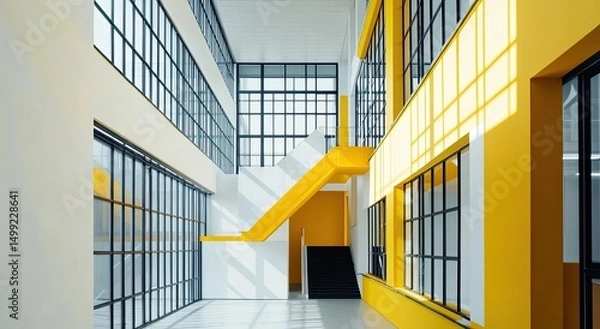 Obraz Sunlit modern interior with yellow walls, a floating staircase, and expansive industrial-style windows, creating a bright and airy atmosphere