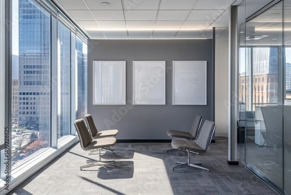 Obraz Sunlit modern office waiting area with gray walls, floor-to-ceiling windows offering a cityscape view, and three pairs of contemporary chairs arranged facing each other.  Artwork hangs on the wall