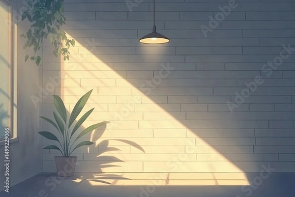 Obraz Sunlit room with white brick wall, potted plant, hanging lamp, and window, casting warm light and shadows