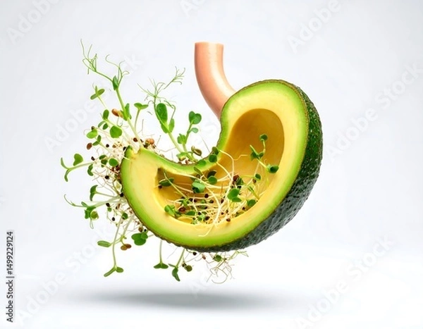 Fototapeta Avocado sliced to resemble stomach with greenery sprouting healthy eating concept on white backdrop
