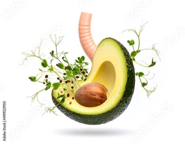 Fototapeta Cut avocado with sprouting microgreens and a digestive tract model on a white background. Representing healthy eating and digestion concept