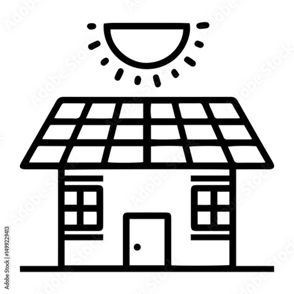 Fototapeta A clean, outline-style depiction of a house with a multi-paneled solar array on its rooftop. Above the house, a simplified sun radiates energy, symbolizing sustainable living and renewable power