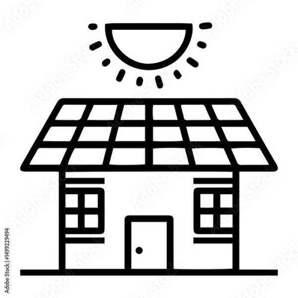 Fototapeta A clean, outline-style depiction of a house with a multi-paneled solar array on its rooftop. Above the house, a simplified sun radiates energy, symbolizing sustainable living and renewable power