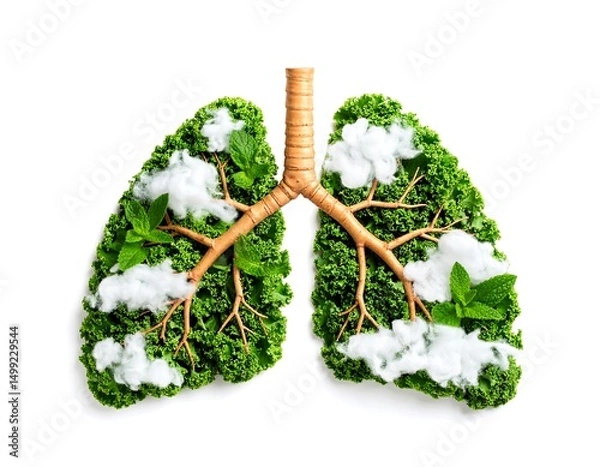 Fototapeta Creative representation of lungs formed with green leaves and cotton clouds on a white background symbolizing health and nature