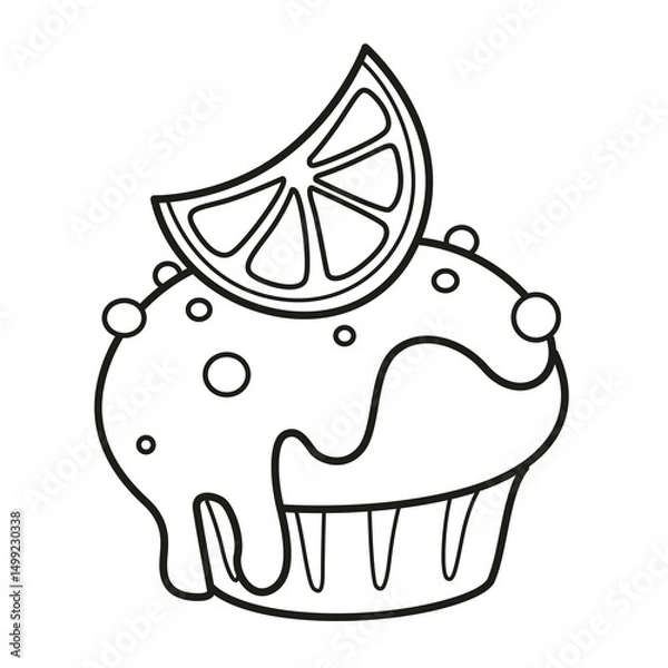 Obraz Cupcake with whipped cream garnished with a slice of candied lemon outlined for coloring page on a white background