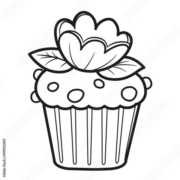 Obraz Cupcake with whipped cream flowers outlined for coloring page on a white background