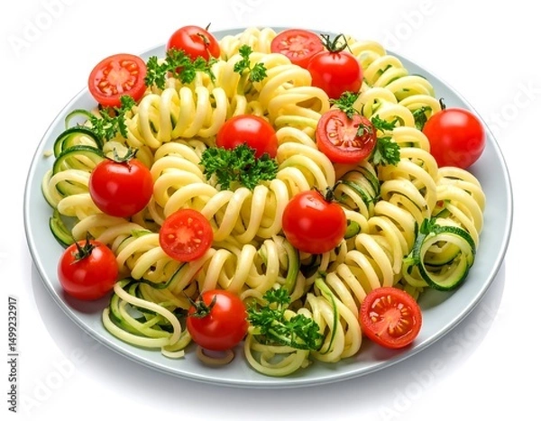 Fototapeta Plate of pasta with spiral zucchini red cherry tomatoes and green parsley on white background food photography