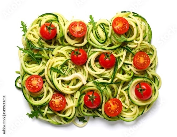 Fototapeta Overhead view of zucchini noodles arranged with cherry tomatoes and arugula on a white background. A healthy and colorful food composition
