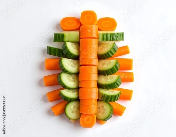 Fototapeta Overhead view of arranged sliced carrots and cucumbers on a white surface. Fresh vegetables composition showcasing orange and green hues