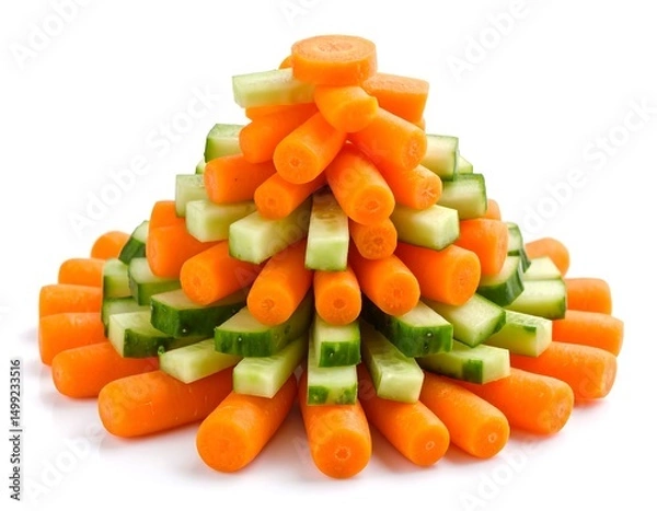 Fototapeta Stack of cut carrots and cucumbers arranged in a pyramid formation on a white background.  Vibrant orange and green vegetables composition