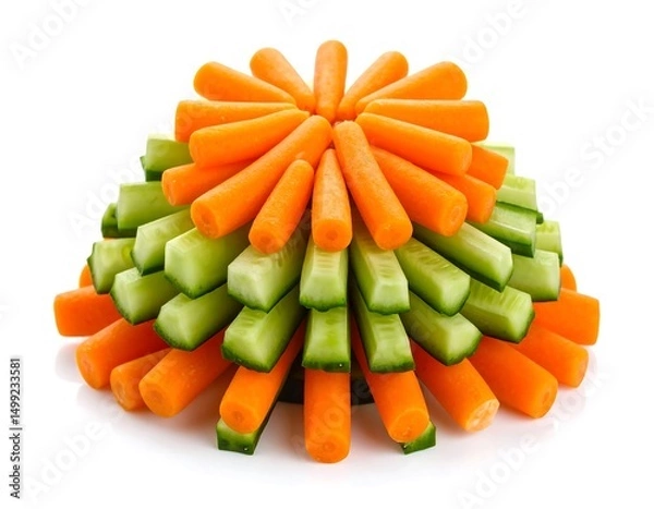 Fototapeta Vibrant orange carrot and green cucumber sticks arranged in a pyramid shape against a white background. A healthy snack concept