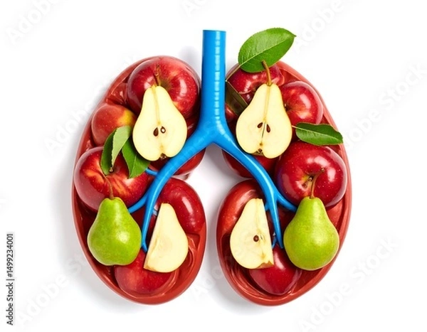 Fototapeta Creative arrangement of fruits resembling lungs on a white background with blue veins. Includes red apples, green pears, and leaves. Healthy eating concept