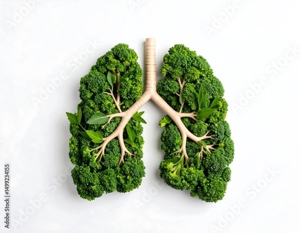 Fototapeta Green broccoli arranged in a lung shape with a central branch on a white background represents healthy respiratory system and fresh food. Flat lay view