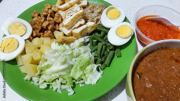 Fototapeta Gado-gado is a mixed vegetables salad with peanud sauce often also including boiled eggs, boiled potatoes, fried tofu  fried tempeh, and lontong