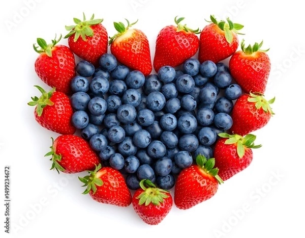 Fototapeta Heart-shaped arrangement of vibrant red strawberries and dark blue blueberries on white. High-angle studio shot. Focus on freshness and organic elements
