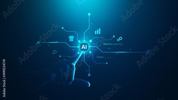 Fototapeta AI Hand Touching Artificial Intelligence Machine Learning Technology with Digital Data Smart System.