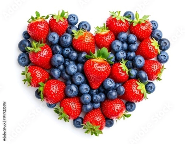 Fototapeta Heart-shaped arrangement of fresh berries on a white background. Vivid red and blue colors create a vibrant and healthy food concept