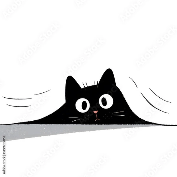 Fototapeta A flat illustration of a cute black cartoon cat with round eyes peeking from under a blanket-like shadow on a white surface.