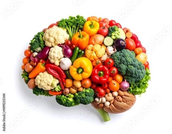 Fototapeta Colorful vegetables arranged in the shape of a brain on white. Represents healthy eating and cognitive function. Includes broccoli tomatoes peppers and more