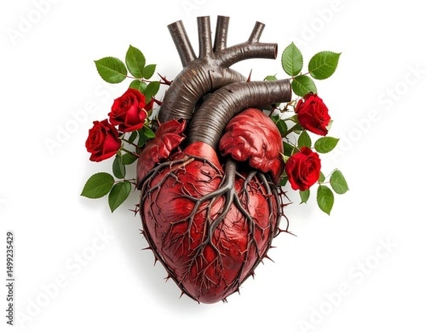 Fototapeta A detailed anatomical heart model with red roses and green leaves on white. Artistic depiction of love and life