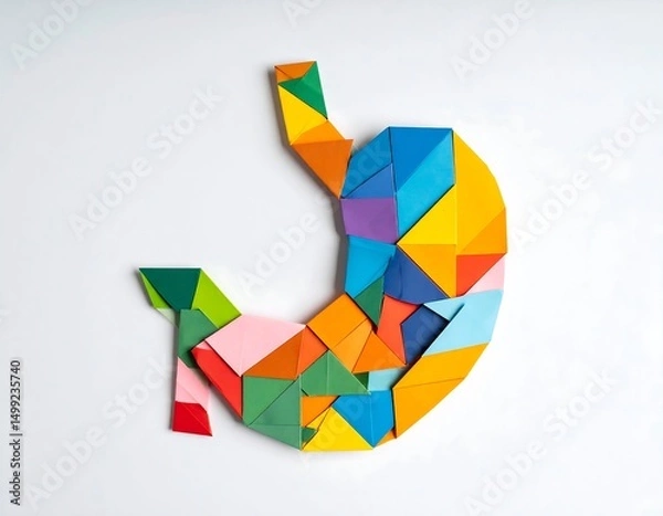 Fototapeta Colorful paper stomach sculpture on a white background showcasing digestive system concept. Abstract geometric design with various colored paper pieces