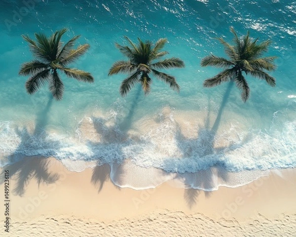 Fototapeta Aerial shot of three palm trees on a sandy beach with turquoise water. Great for travel brochures, summer ads and vacation themed projects.